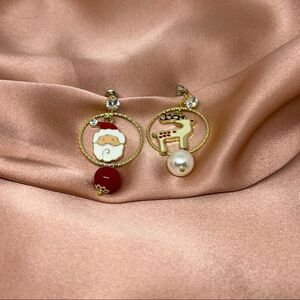 Holiday Christmas Santa & Reindeer Gold Hoop Earrings